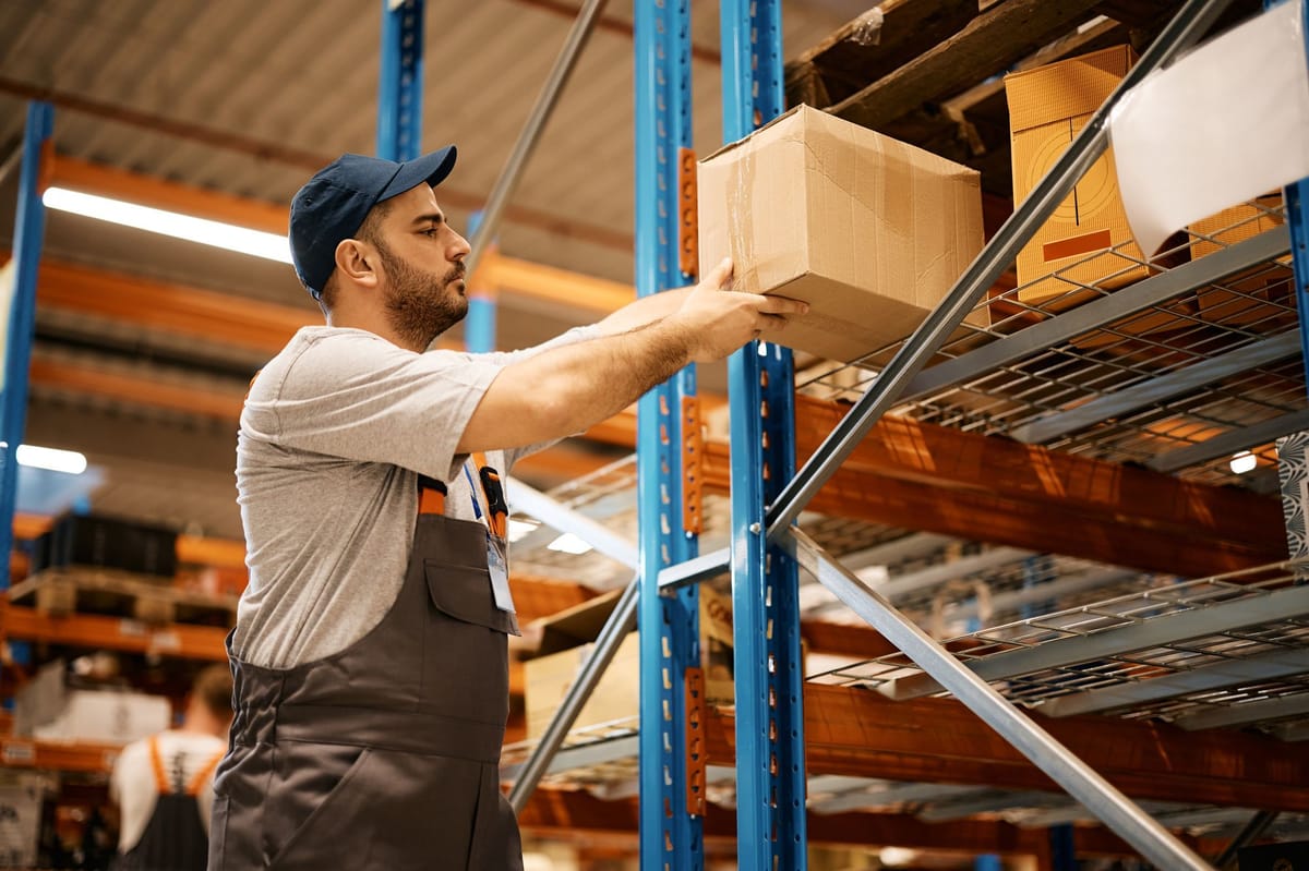 A man stores inventory on a shelf of a warehouse.