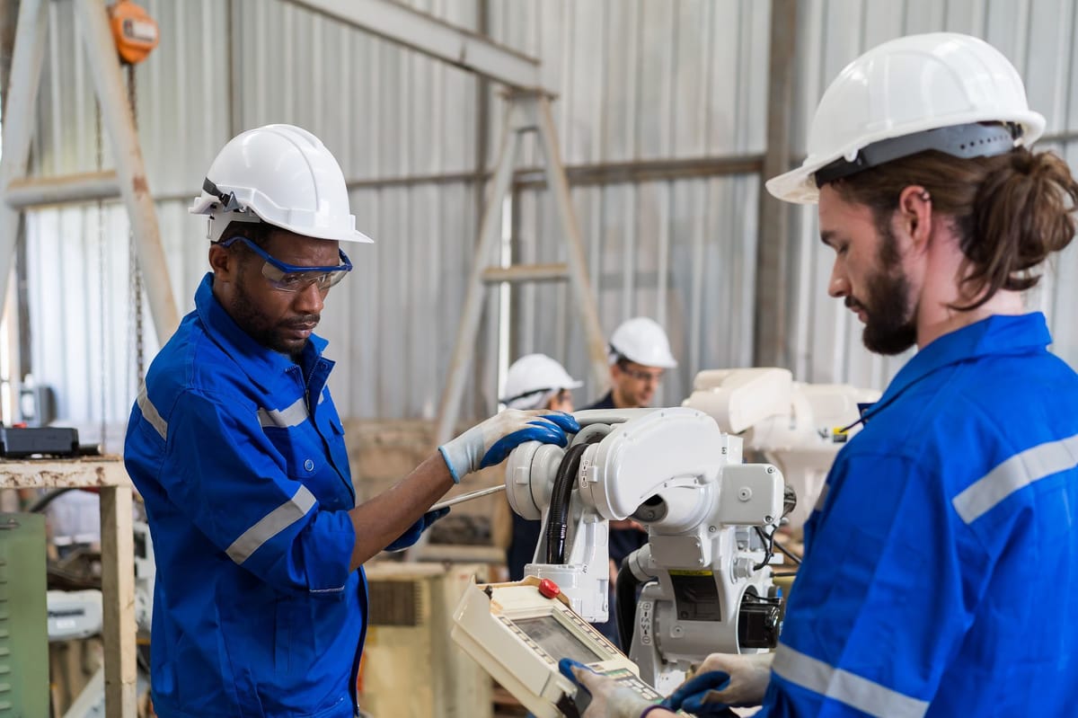 Two male workers using a robot to produce products in manufacturing facility