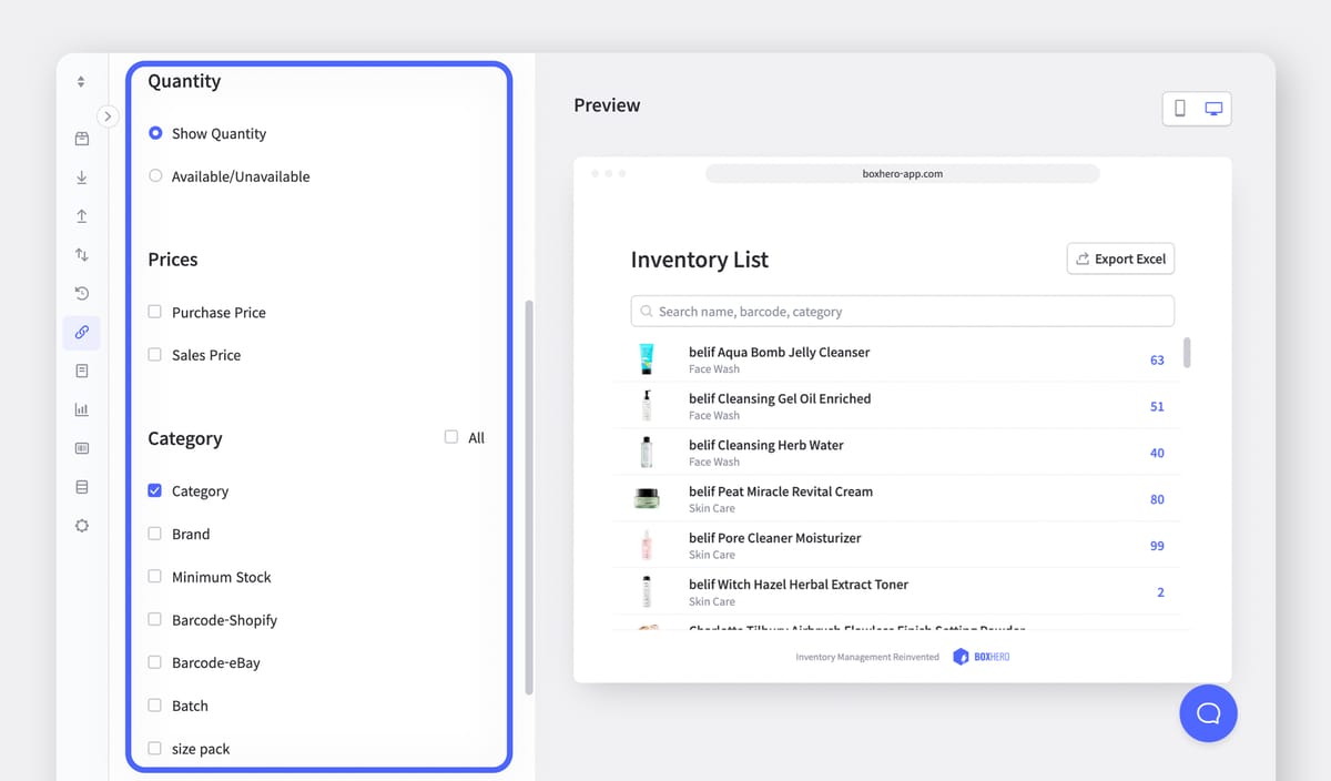 The screen for selecting information of products to be shared