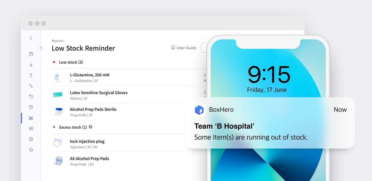 BoxHero's Low Stock Reminder screen on PC and a notification on a mobile phone 