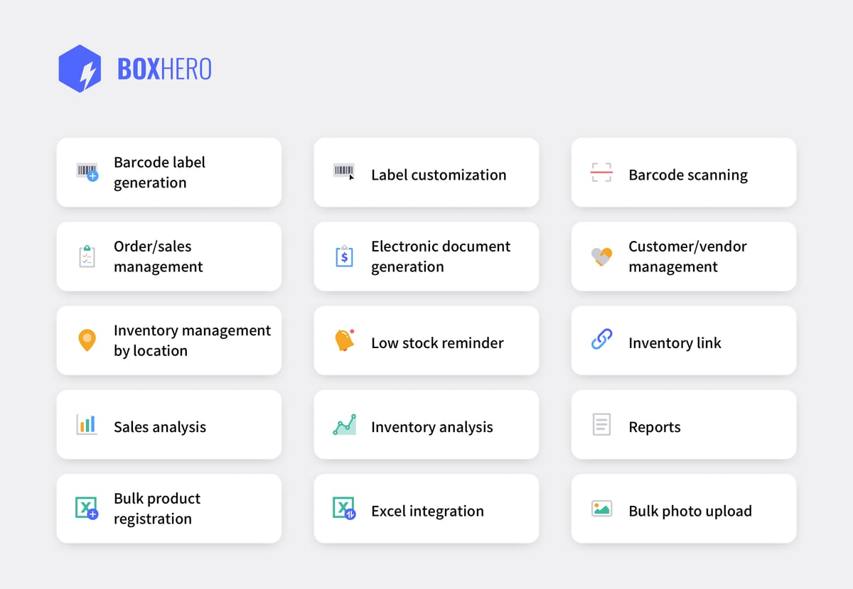 Different functions of BoxHero that are specifically for inventory management