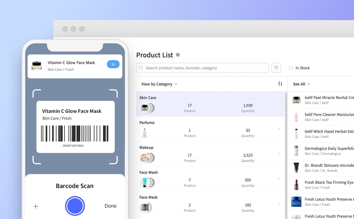 In-app camera barcode scanner and the product list of BoxHero