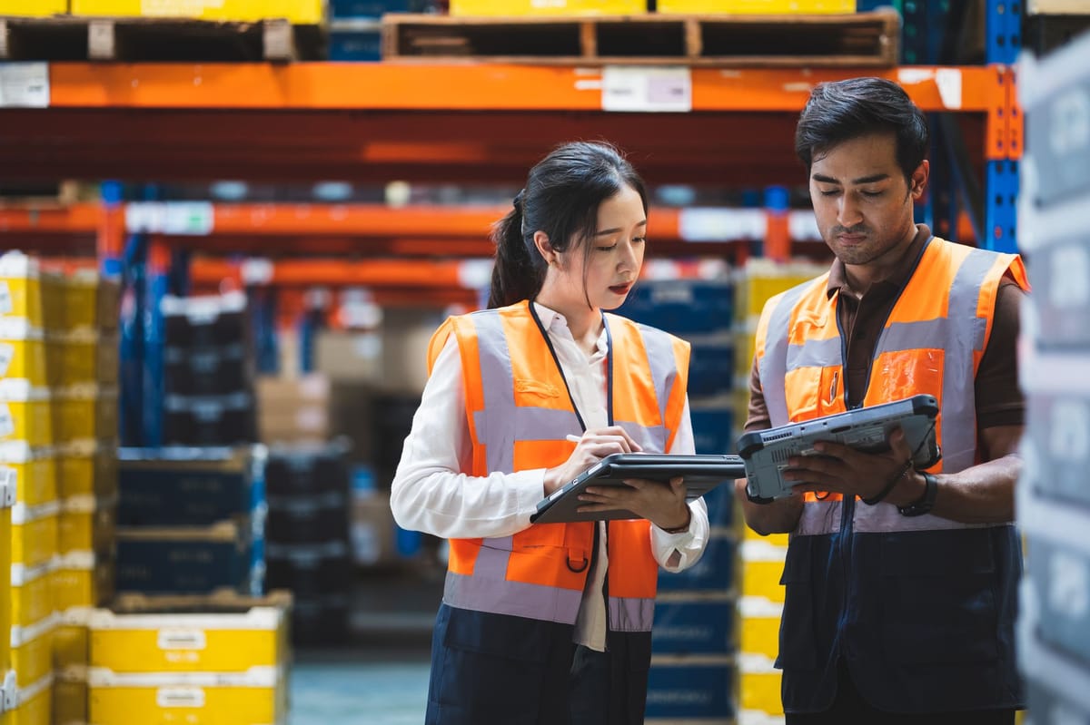 Warehousing professionals looking at their inventory status in a warehouse.