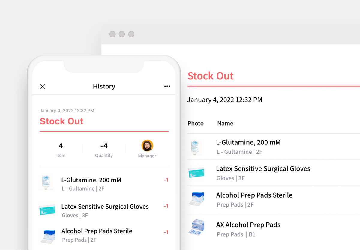 Outbound inventory tracking history screen of BoxHero on a mobile and PC