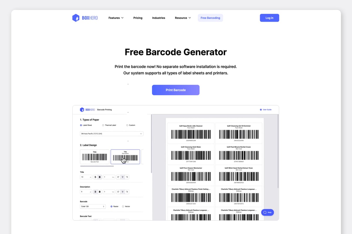 Free barcode generator webpage.