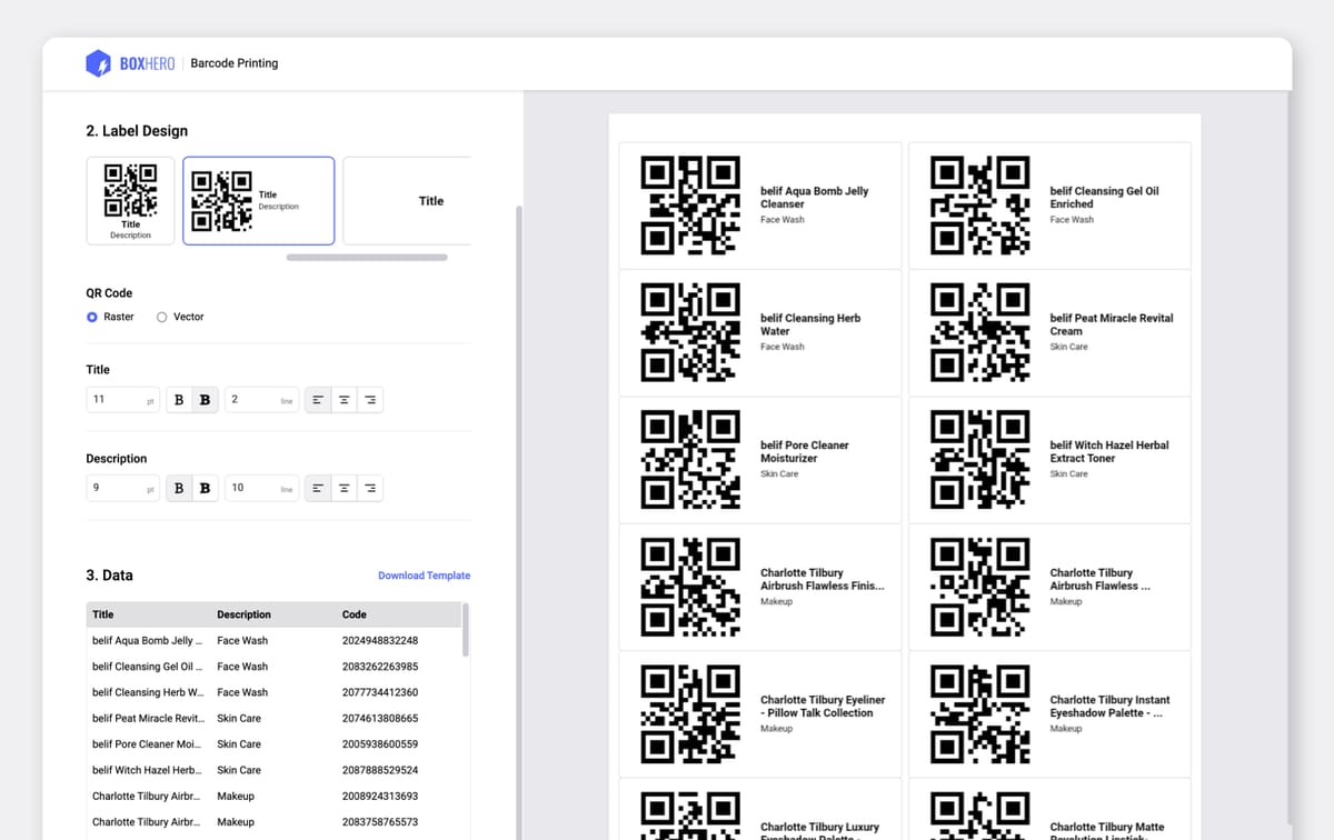 Free barcode printing service user interface.