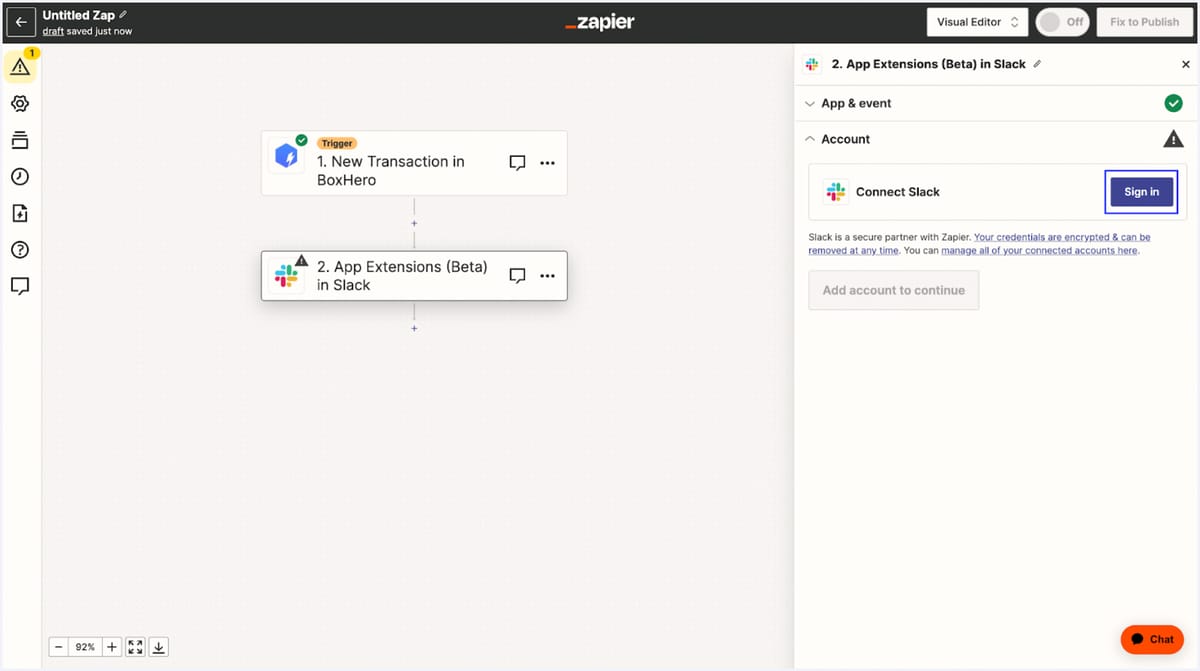 Slack account sign in screen on Zapier.