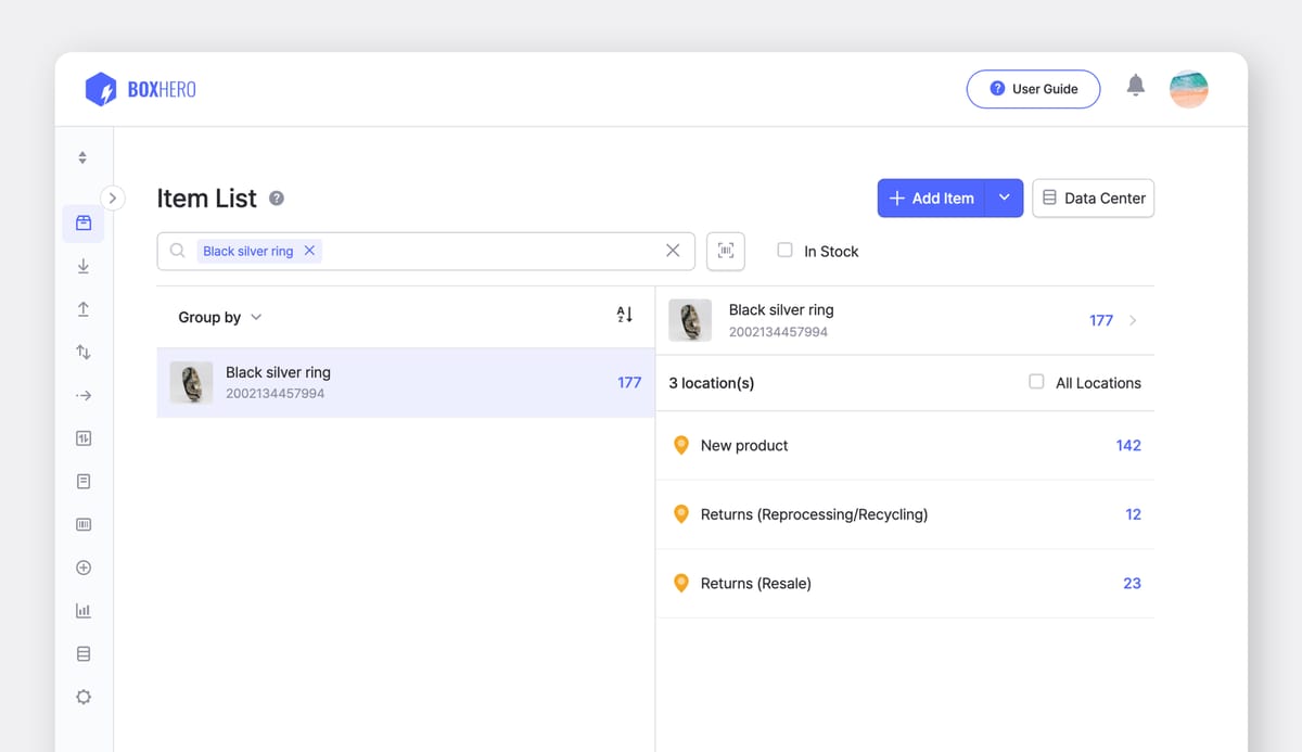 BoxHero UI screen - Item List with locations.