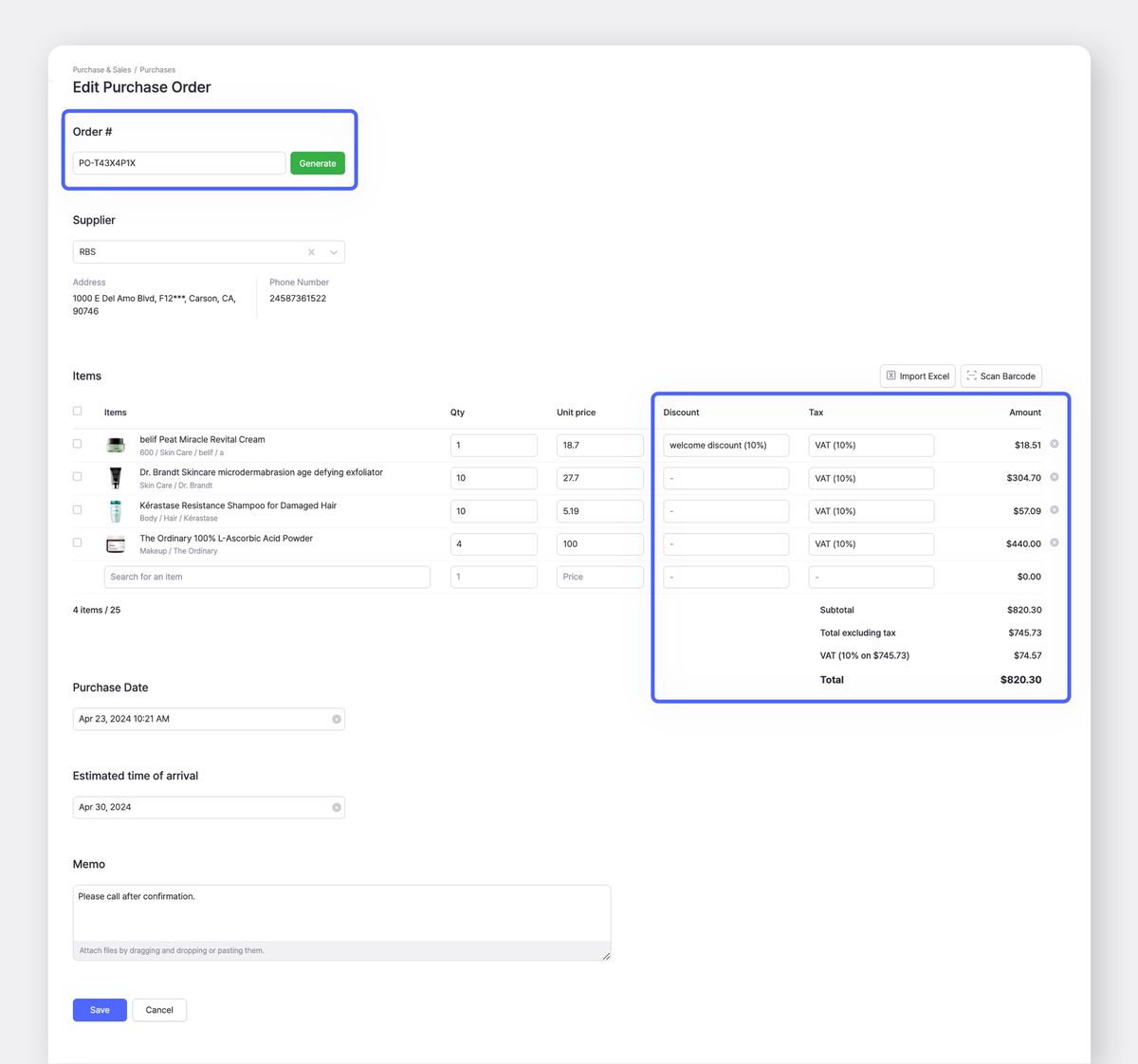 Making purchase orders in BoxHero.