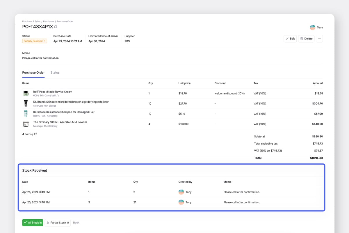 Purchase order screen in BoxHero.