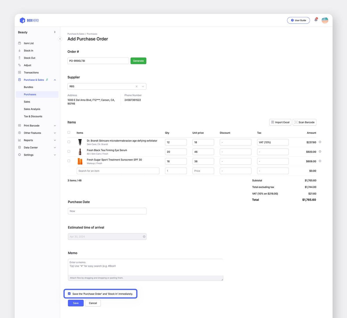 BoxHero Purchase Order creation screen.