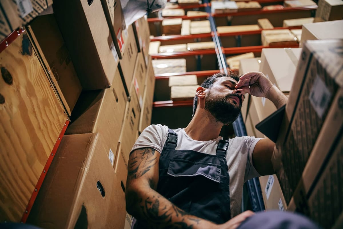 A man surrounded by boxes in a warehouse.