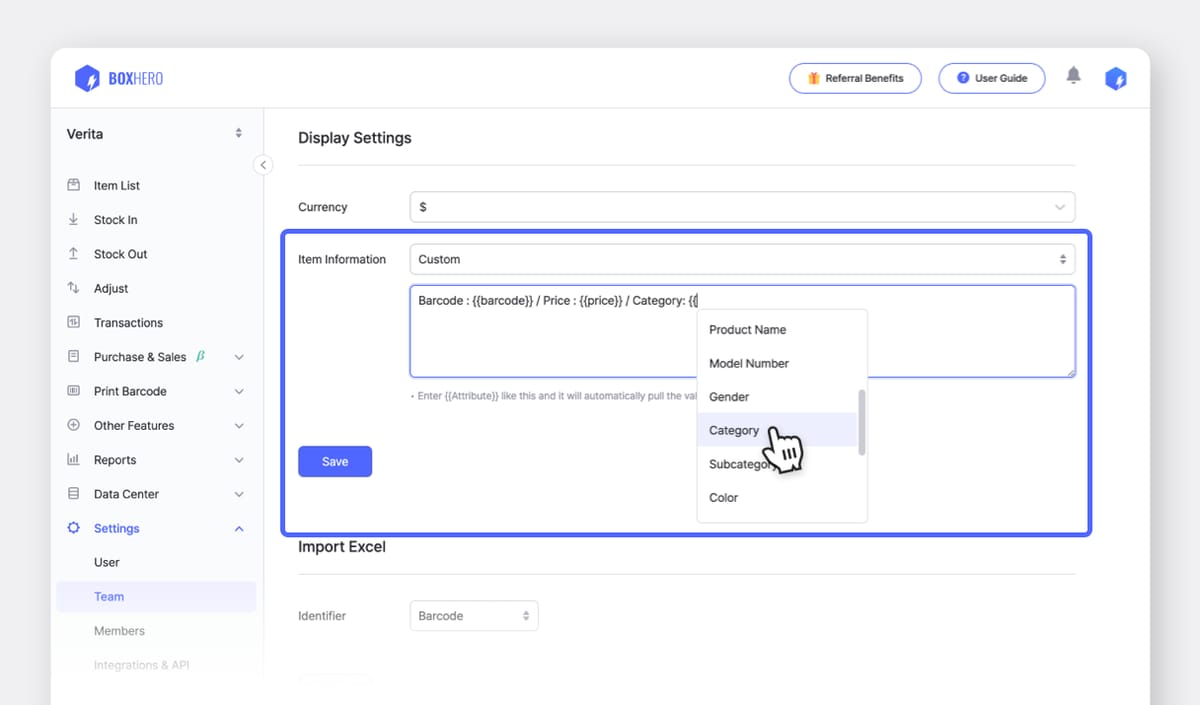 Customize your Item Information on BoxHero's Display Settings