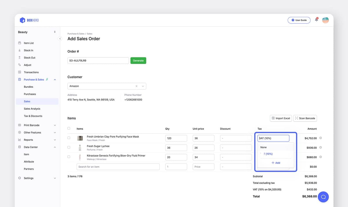 The tax selection screen when creating a sales order in BoxHero.