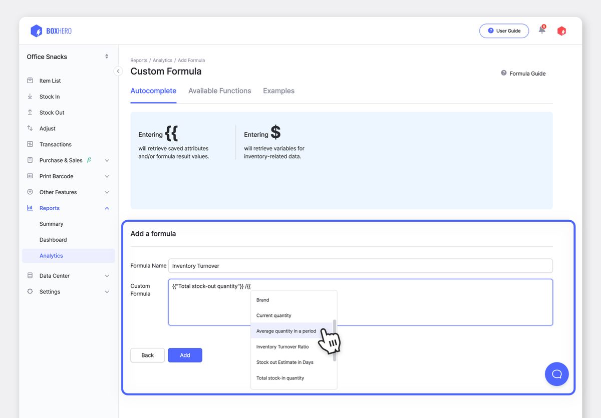 BoxHero UI: Create Custom Formula in Analytics