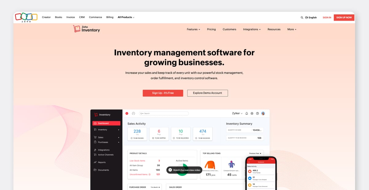 Zoho Inventory Homepage.