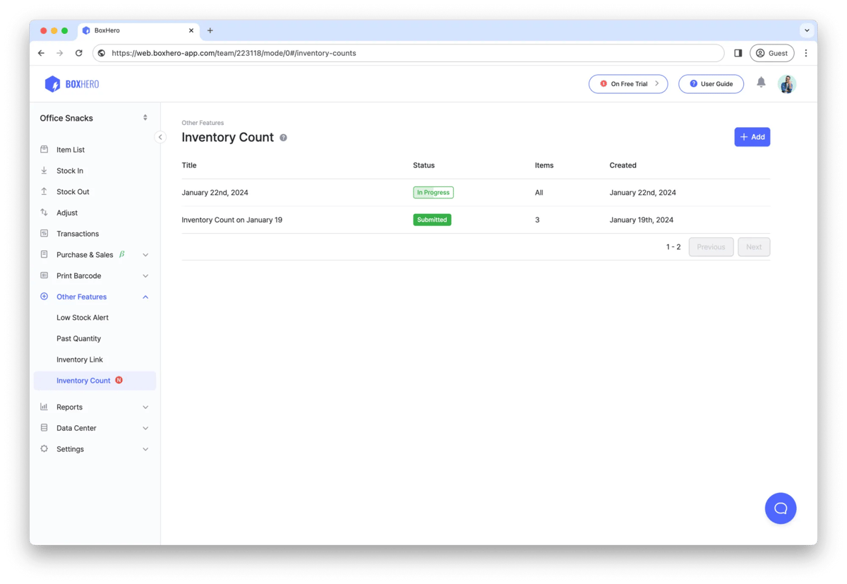 BoxHero's User Interface: Inventory Count with Task Sheet