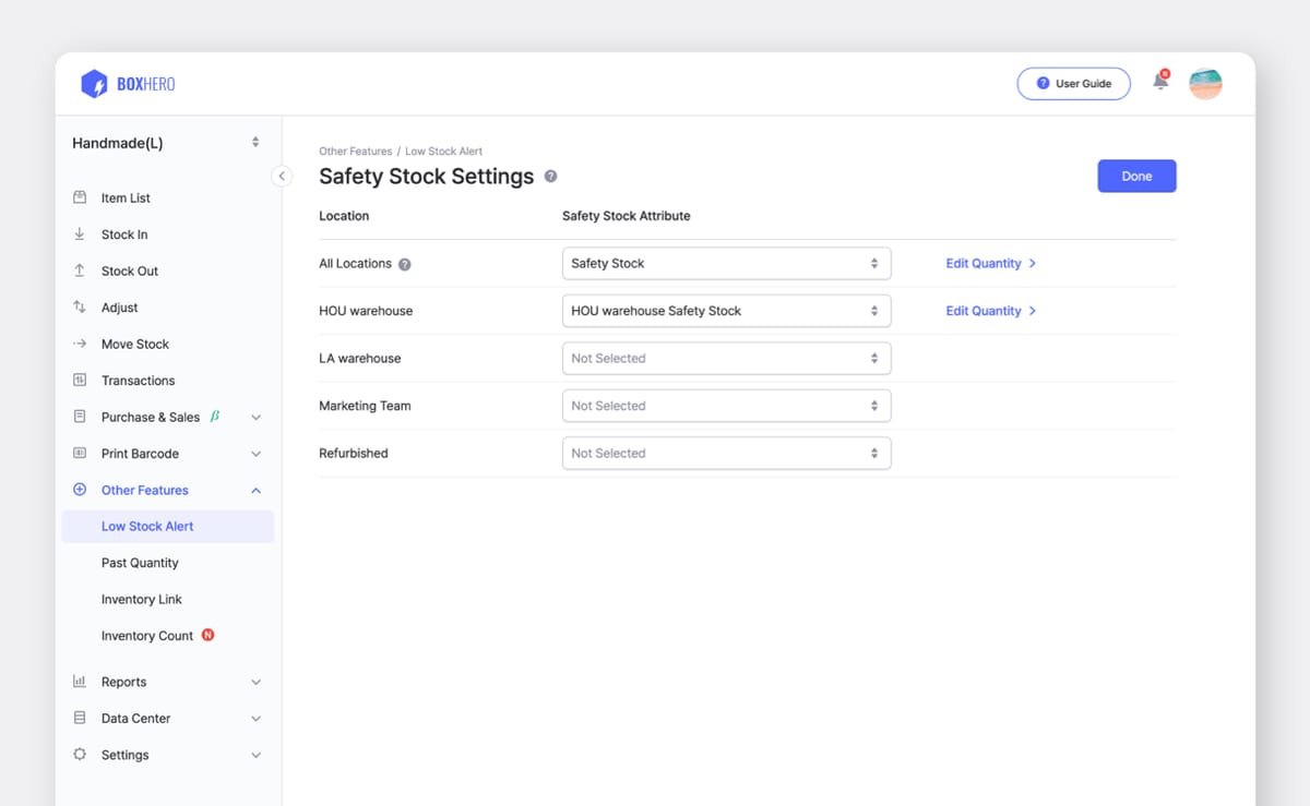 BoxHero UI: Safety Stock Settings by Location