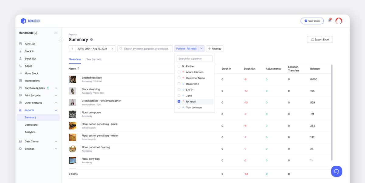 BoxHero UI: Summary by Partner Filter