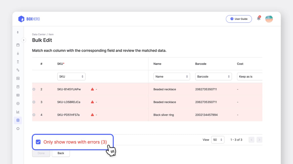 BoxHero UI: Bulk Edit with Excel - Only show row with errors