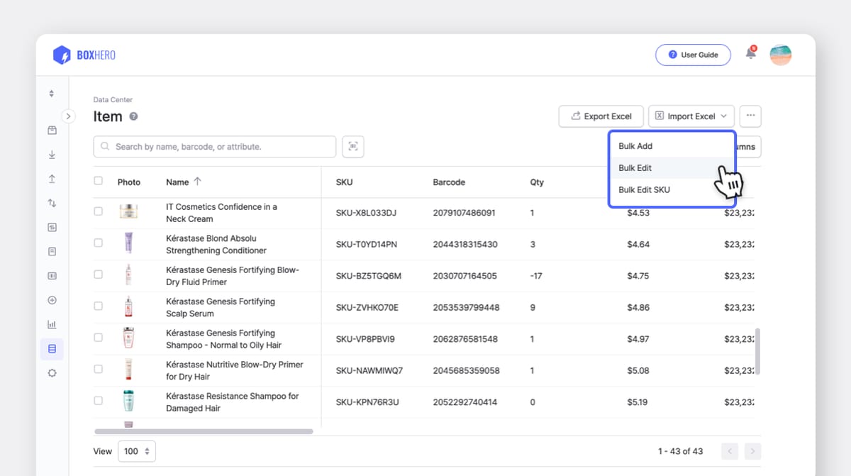 BoxHero UI: Bulk Edit SKU