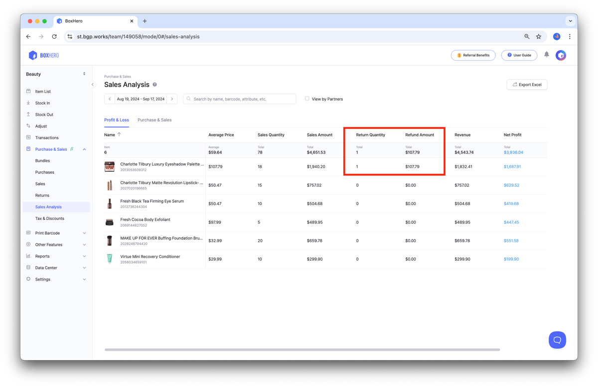 BoxHero UI: Check Returns in Sales Analysis