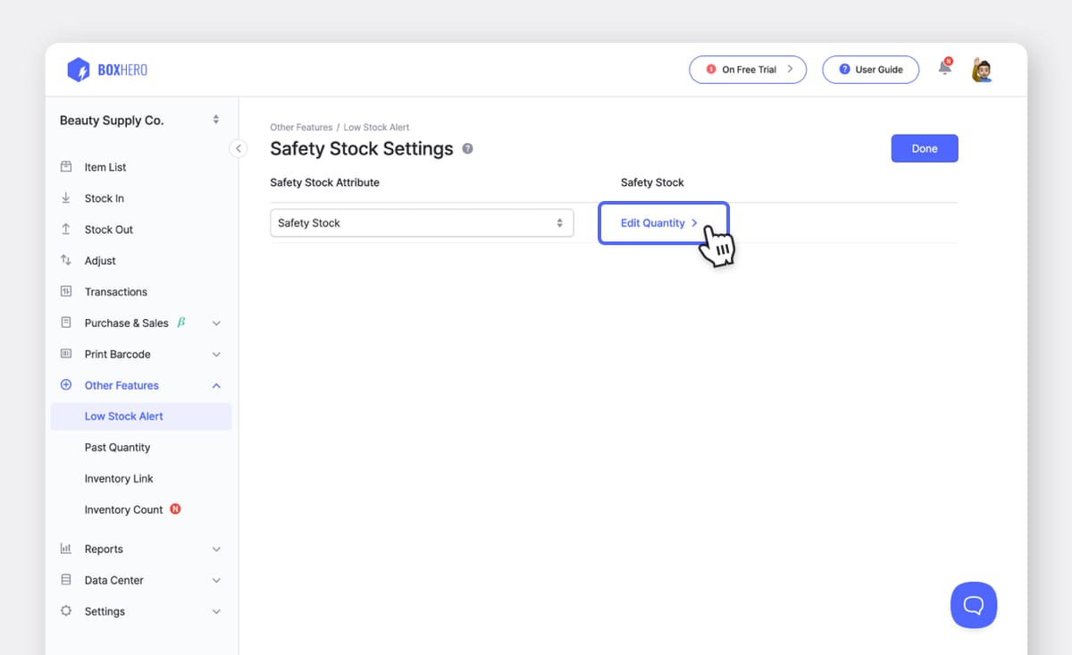 BoxHero UI: Edit Safety Stock Quantity