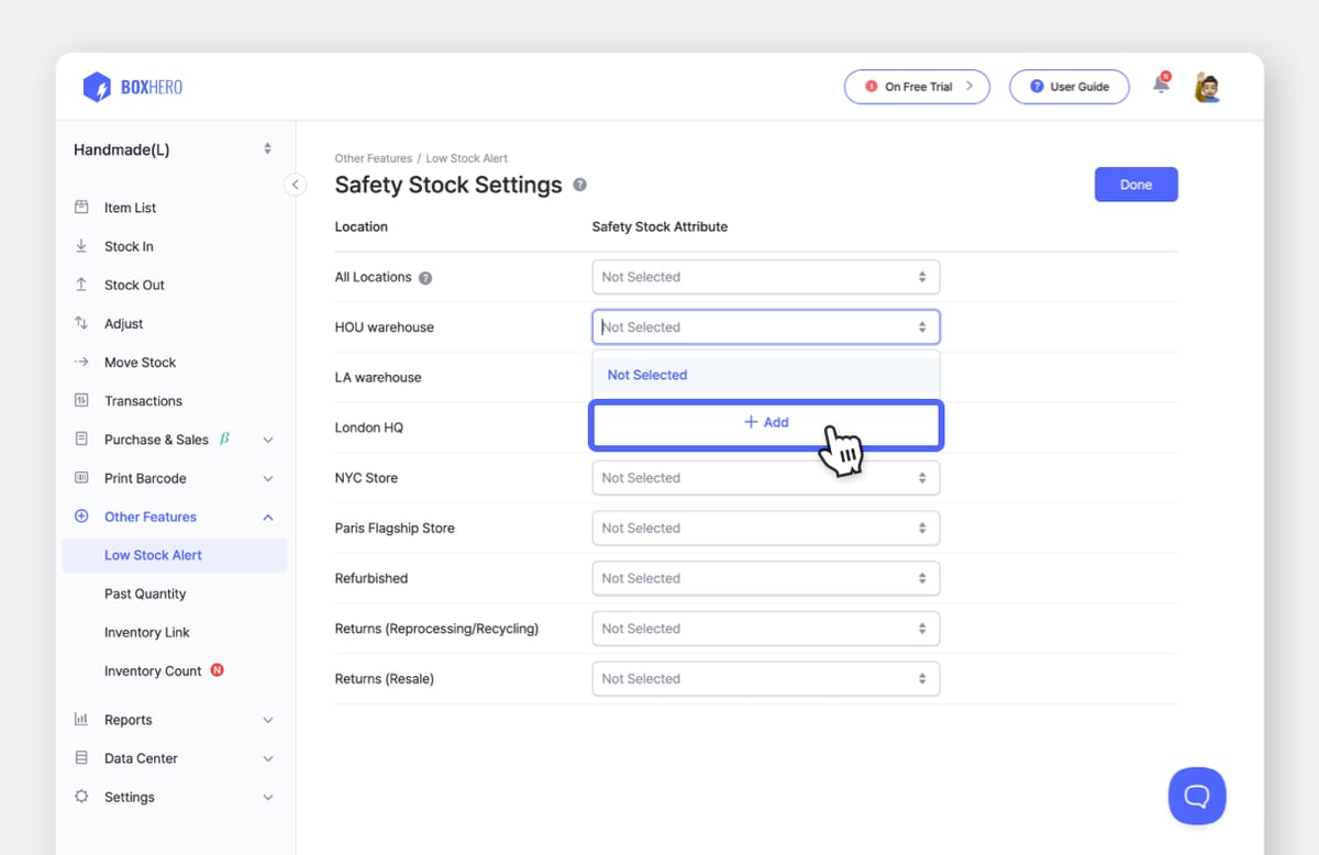 BoxHero UI: Safety Stock Settings by Location