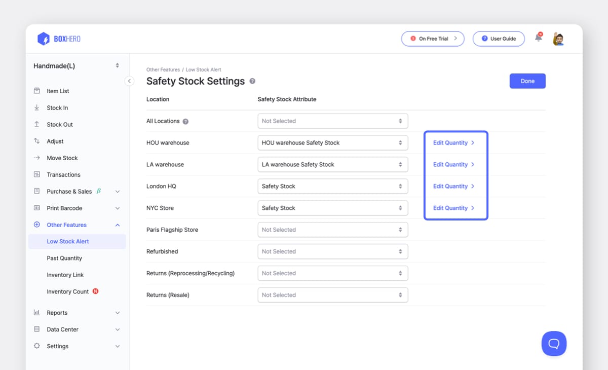 BoxHero UI: Edit Safety Stock Quantity for Each Location