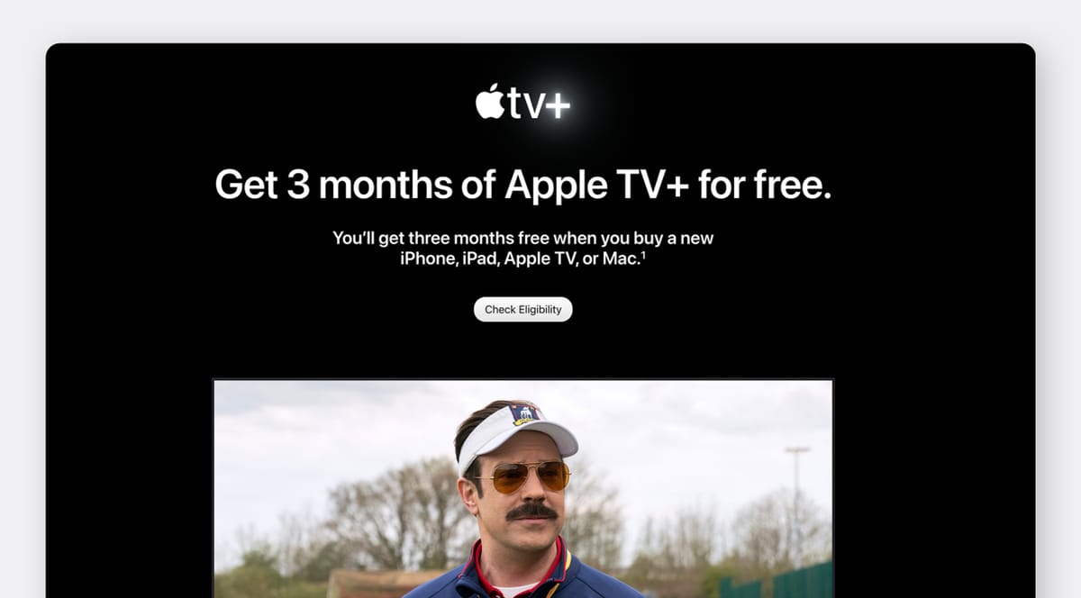 Apple's Homepage Screen - Free 3 months of Apple TV+ with the purchase of a new device