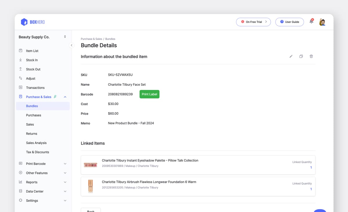 BoxHero UI: Bundle Details of Linked Items