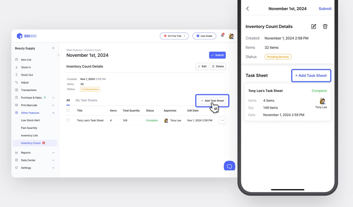 BoxHero Web and Mobile App UI: Add Task Sheet for Inventory Count