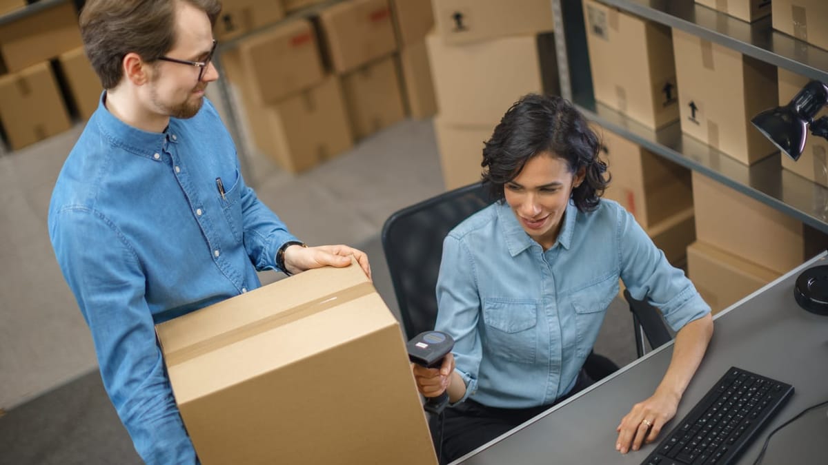 Female inventory manager scanning a cardboard box with a scanner