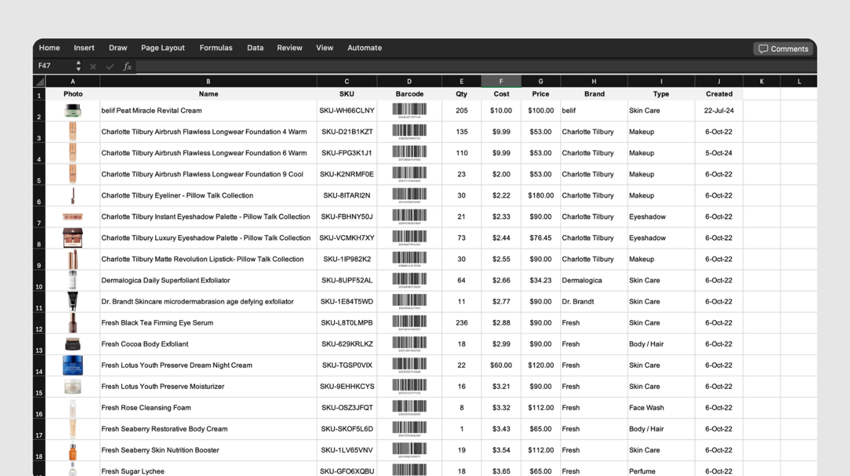 Microsoft Excel spreadsheet of beauty and cosmetic inventory from BoxHero