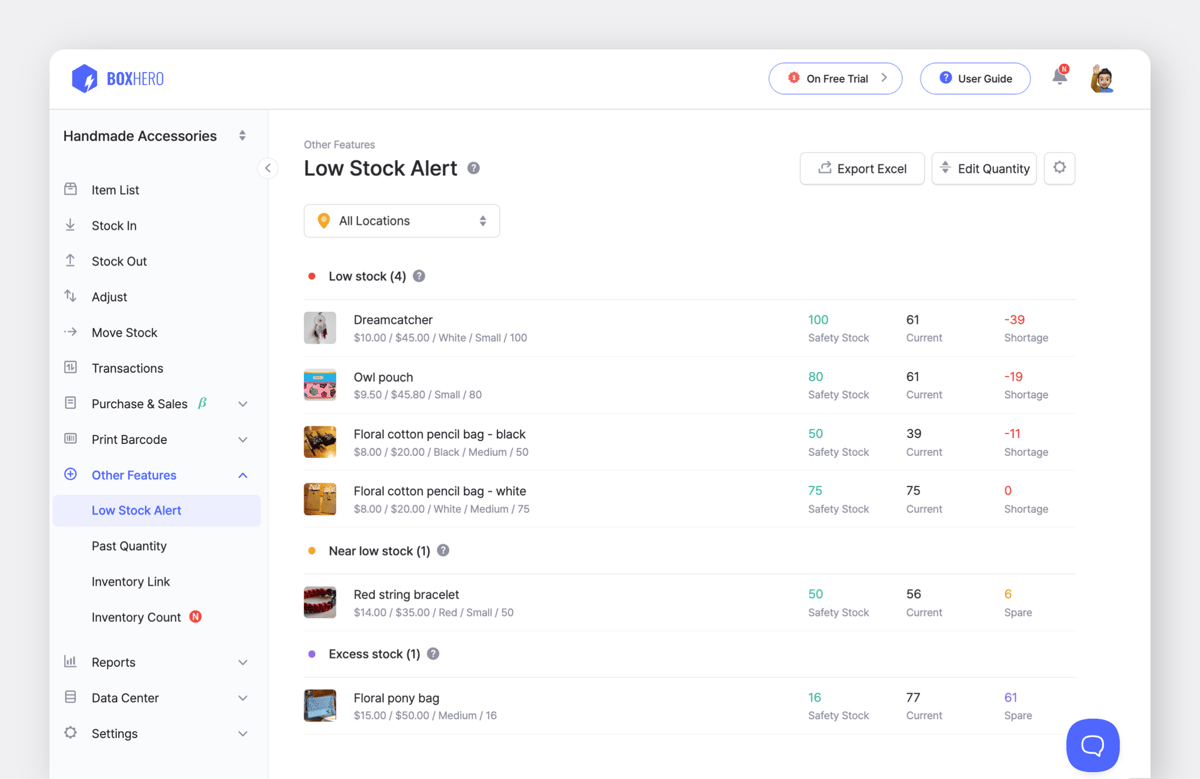 BoxHero’s Low Stock Alert Feature UI Screen