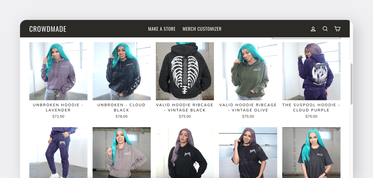 Crowdmade online store showcasing various hoodies and t-shirts with unique designs.