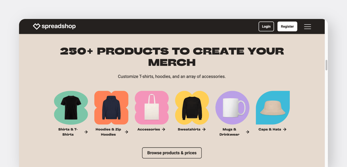 Spreadshop homepage featuring "250+ Products to Create Your Merch," with icons for shirts, hoodies, accessories, mugs, hats, and more.