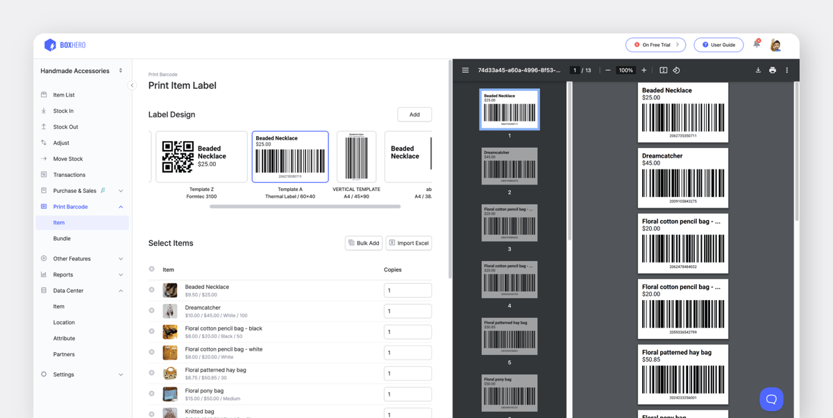 BoxHero’s Barcode Feature PC UI Screen