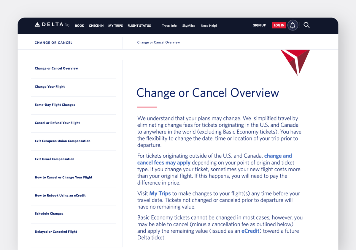 Delta Airlines webpage explaining the Change or Cancel Overview, including policies for changing or canceling flights and associated fees.