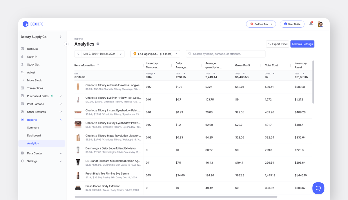 You can access in-depth reports on items, stock levels, and transaction history through BoxHero’s Analytics feature. 