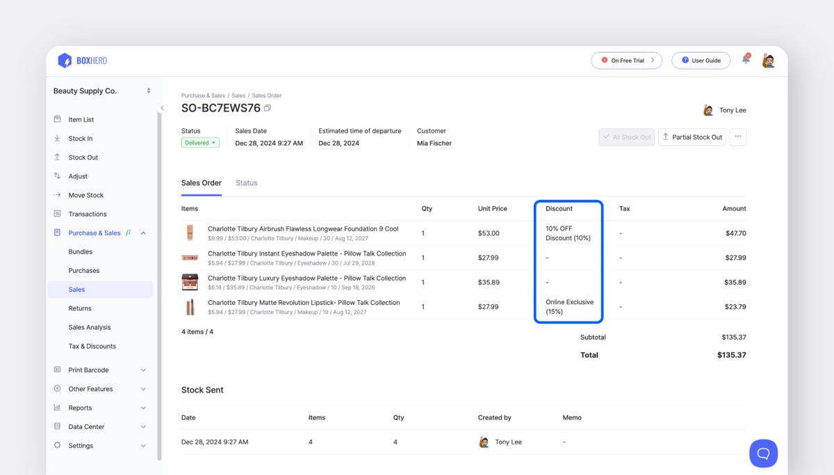 You can easily apply discounts to orders and sales invoices under BoxHero’s Purchase and Sales feature. 