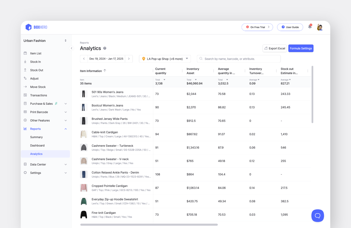 BoxHero’s Analytics feature offers in-depth reports on items, stock levels, and transaction history. 