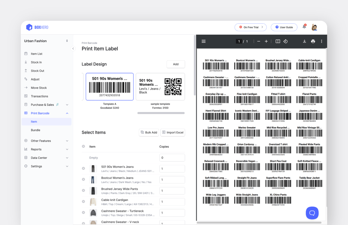 You can create and print barcodes to track inventory with BoxHero’s Barcode feature.