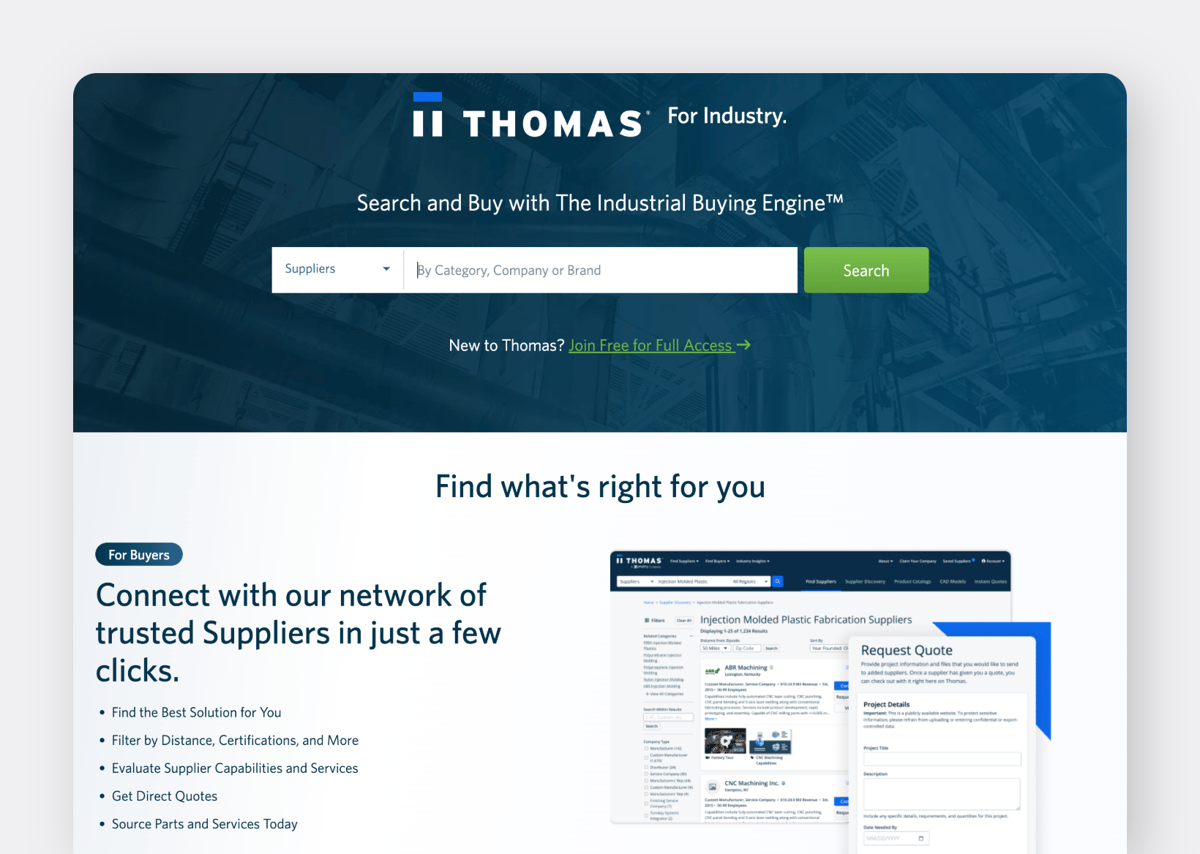 ThomasNet connects businesses with manufacturers, suppliers, and industrial service providers across North America.