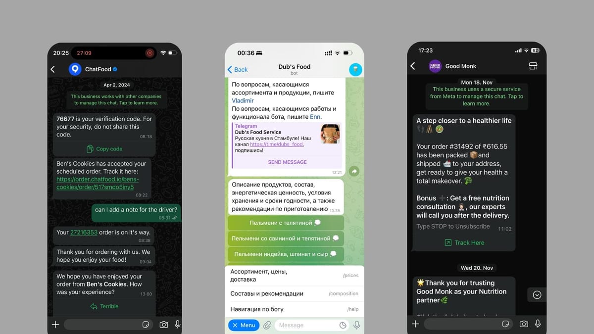 Three mobile screenshots of chatbot conversations in WhatsApp and Telegram, showing order updates, product info, and automated replies.