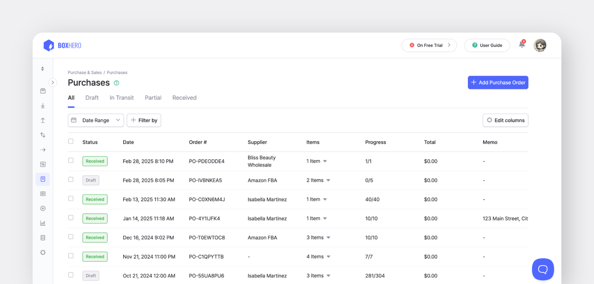 BoxHero purchases dashboard listing orders by status, supplier, progress, item count, and order dates.