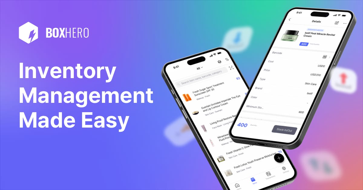 Two smartphones showing BoxHero inventory screens over a purple–green gradient with the text “Inventory Management Made Easy.”