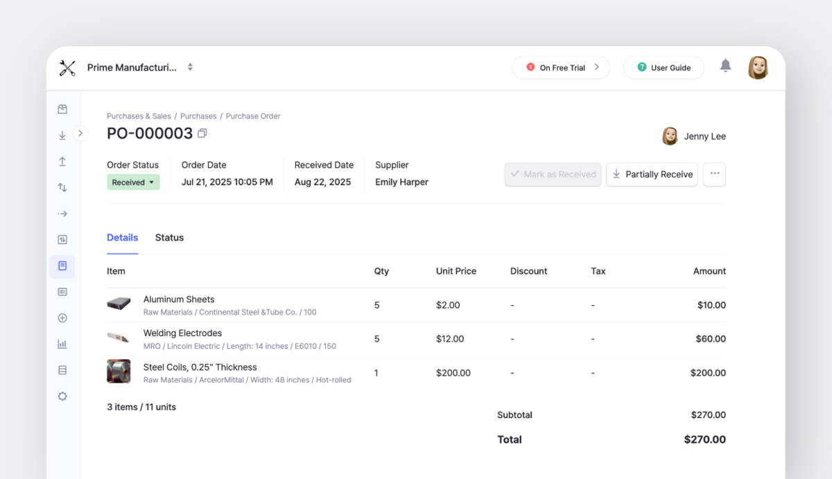 BoxHero Web: Orden de compra con detalles de fecha de pedido y fecha de recepción del proveedor.