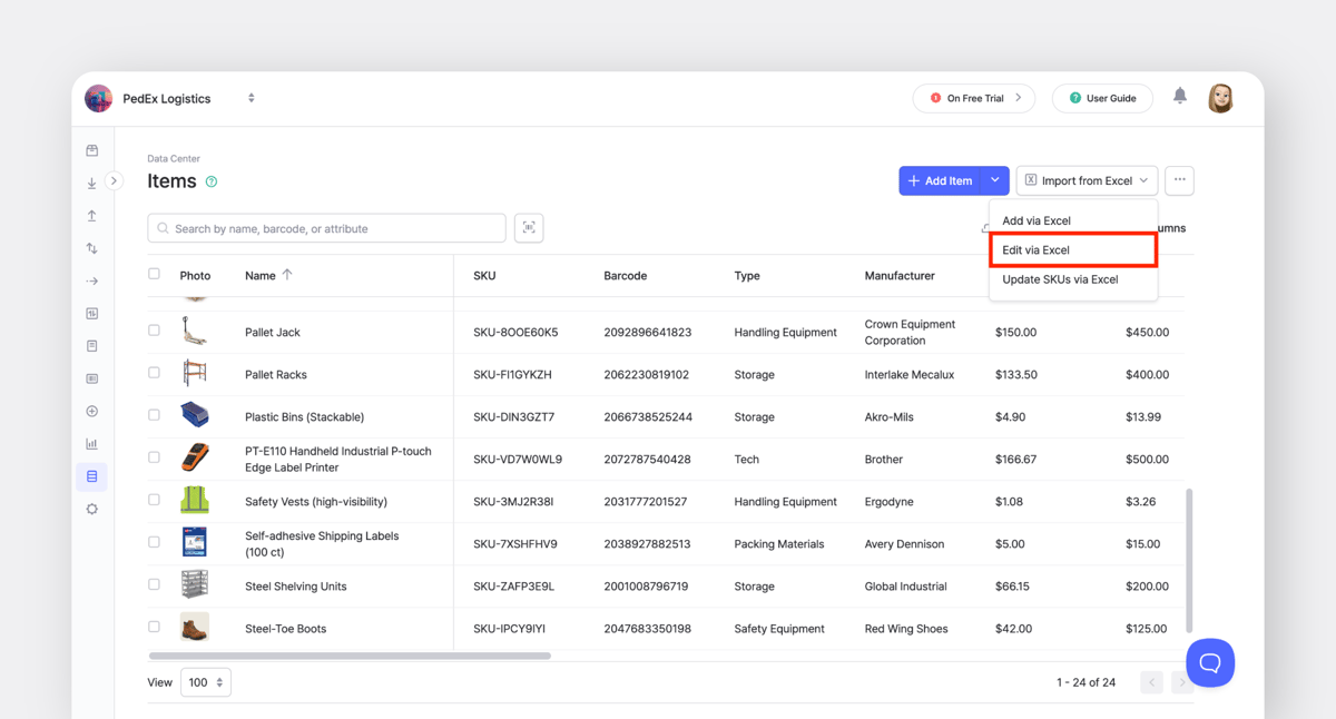 BoxHero: Centro de Datos > Artículos resaltando la opción "Editar vía Excel" para actualizaciones masivas de inventario.