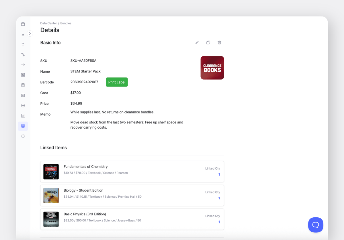 Captura de pantalla de BoxHero Web: Detalles del paquete para libros de texto "Stem Starter Pack"